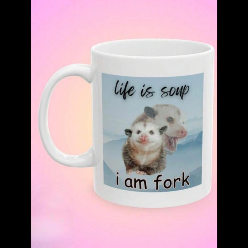 Tailorly White Ceramic 11 oz Mug - Life Is Soup I Am Fork Realistic Hand Painted Fur Sitting Calmly Against Mist Background Opossum