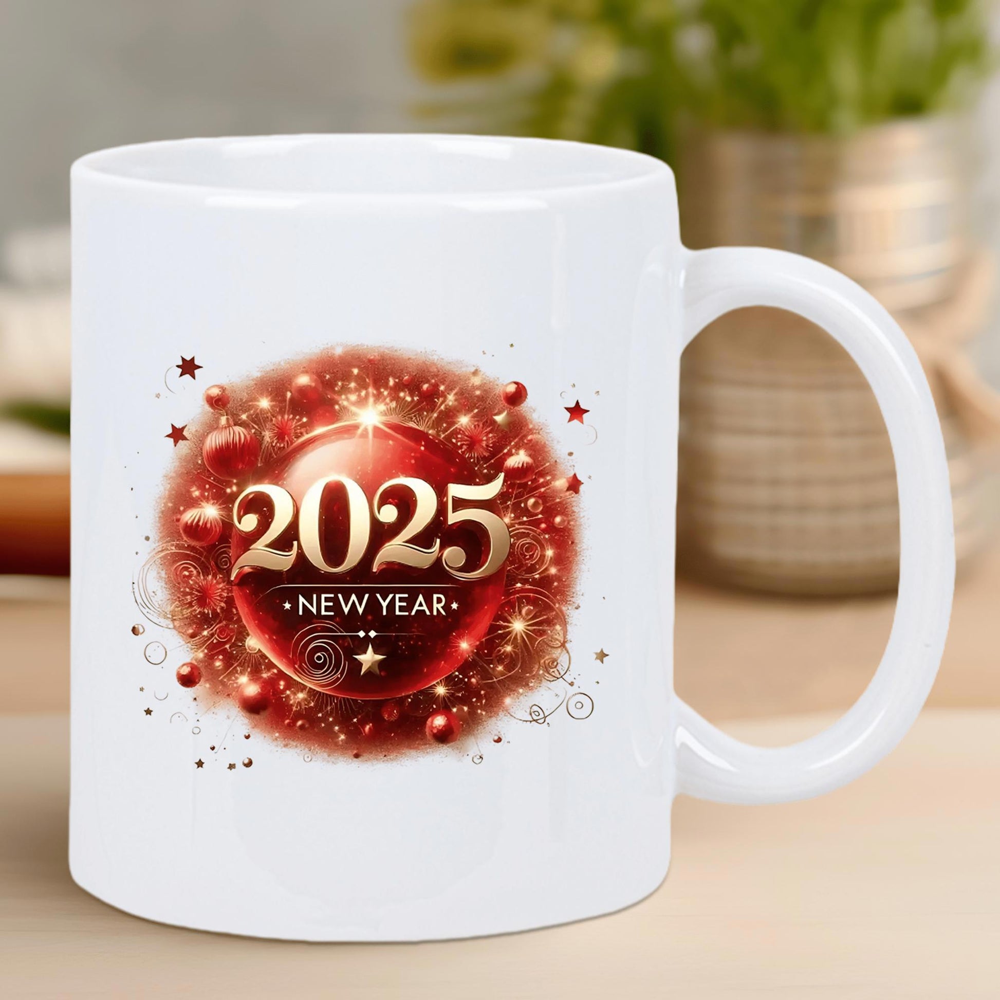 Tailorly White Ceramic 11 oz Mug - 2025 New Year Sparkling Red Festive Circular Design With Glowing Golden Stars Ornament