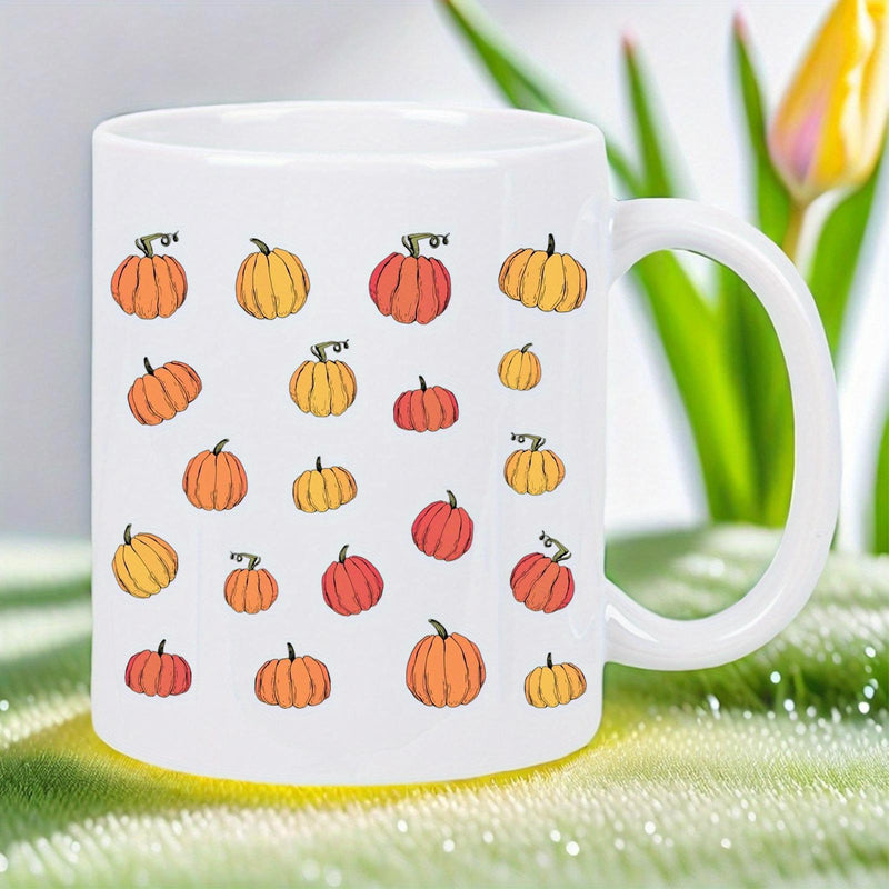Tailorly White Ceramic 11 oz Mug - Hand Drawn Fall Harvest Elements Scattered On A Plain Background Pumpkin