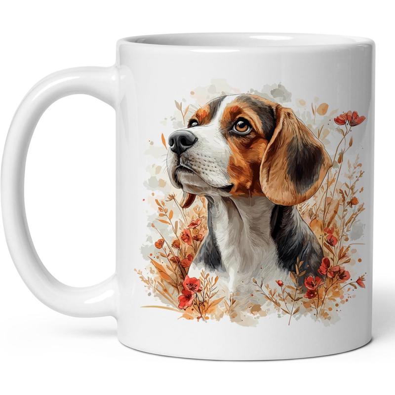 Tailorly White Ceramic 11 oz Mug - Artistic Watercolor Illustration Featuring A Charming Dog Among Autumnal Wildflowers Beagle