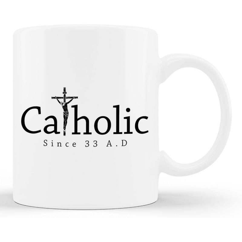 Tailorly White Ceramic 11 oz Mug - Catholic Since 33 AD Minimalist Black Religious Crucifix Silhouette Integrated Into Classic Serif Typography Cross