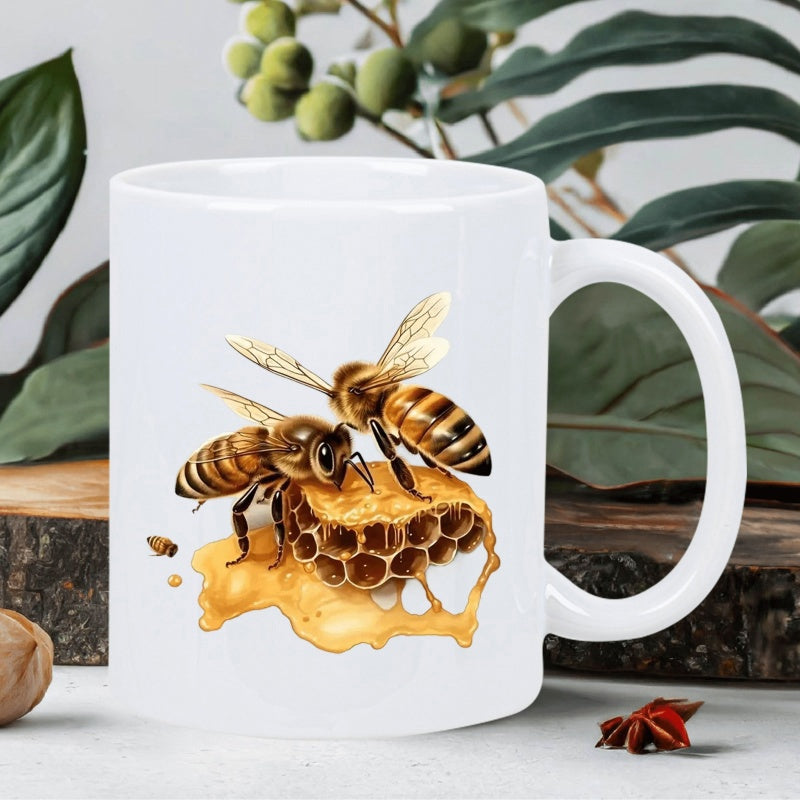 Tailorly White Ceramic 11 oz Mug - Realistic Golden Bees Gathering Nectar From A Sweet Drip Honeycomb Bee