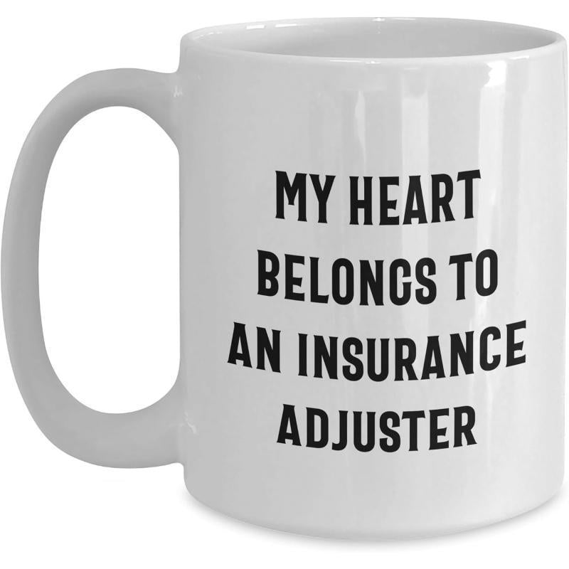 Tailorly White Ceramic 11 oz Mug - My Heart Belongs To An Insurance Adjuster Minimalist White Ceramic Vessel With Bold Black Letters Mug