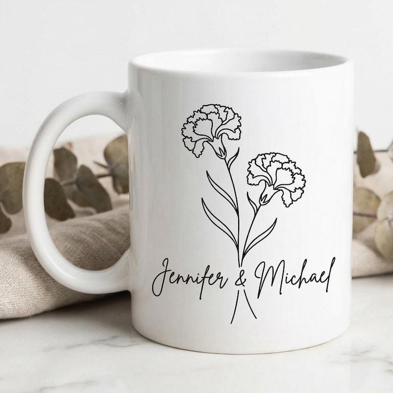 Tailorly White Ceramic 11 oz Mug - Jennifer Michael Elegant Black Line Drawing Of Two Carnations Flower