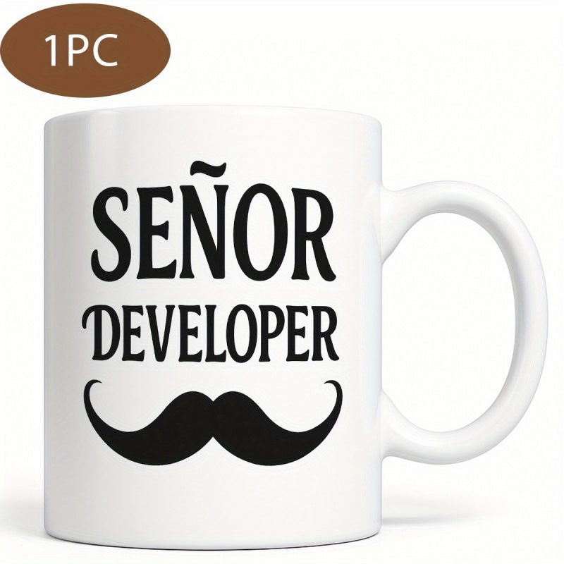 Tailorly White Ceramic 11 oz Mug - Developer Classic Black Handlebar Design Positioned Underneath Bold Professional Typography Mustache