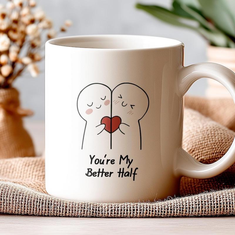 Tailorly White Ceramic 11 oz Mug - Youre My Better Half Minimalist Cute Figures Joined Together Holding A Vibrant Red Heart Symbol Character