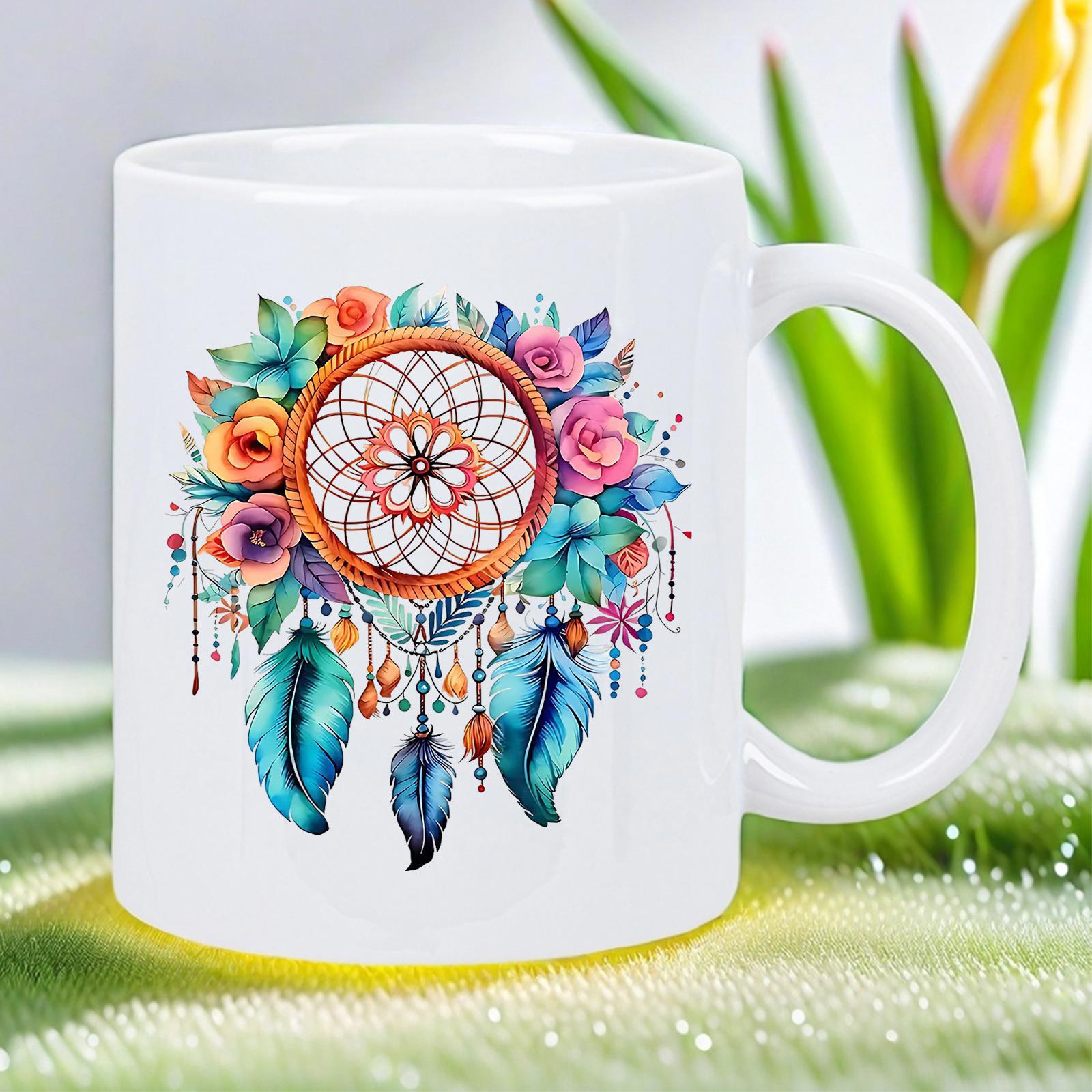 Tailorly White Ceramic 11 oz Mug - Vibrant Watercolor Floral Arrangement With Hanging Teal Feathers Native Dreamcatcher