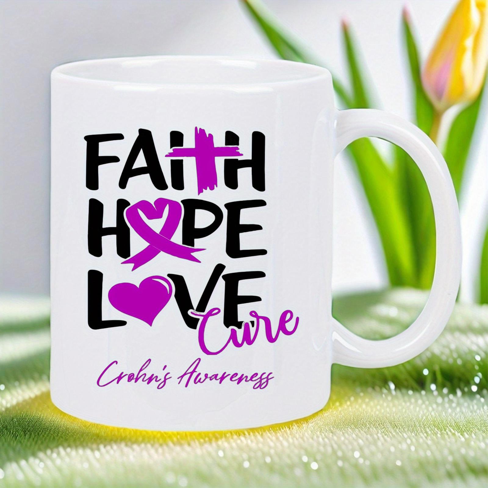 Tailorly White Ceramic 11 oz Mug - Faith Hope Love Cure Crohn's Awareness Purple Awareness Ribbon Cross And Heart Displayed On Mug