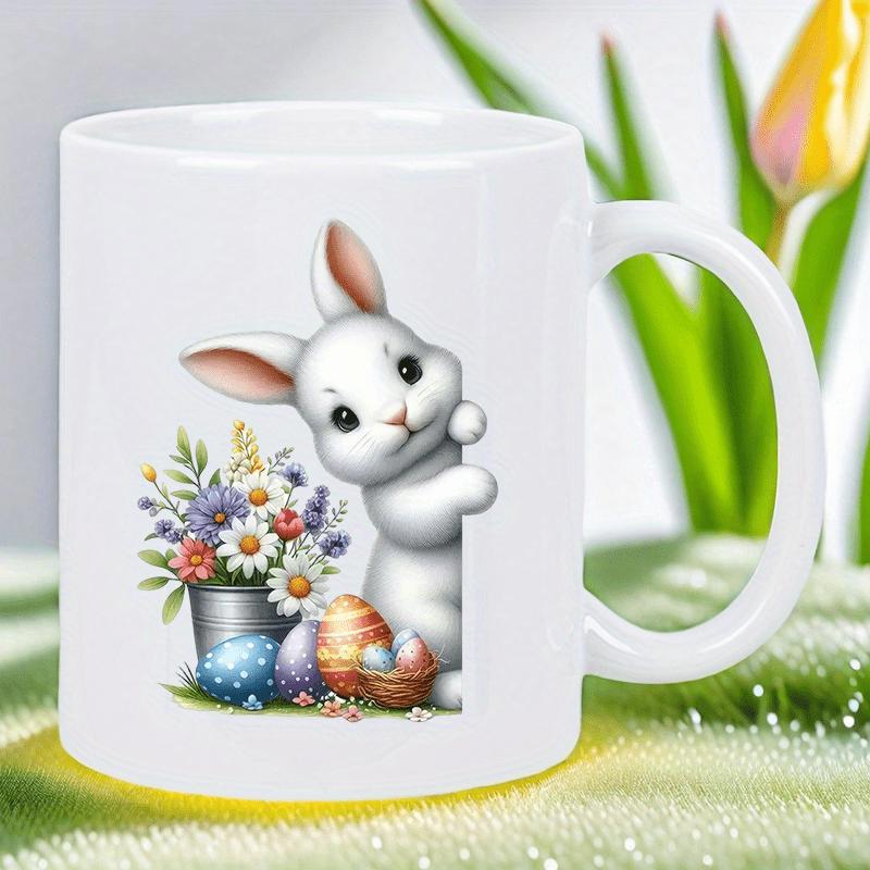 Tailorly White Ceramic 11 oz Mug - Adorable White Peeking Bunny Standing Beside Colorful Spring Flowers And Easter Eggs Rabbit