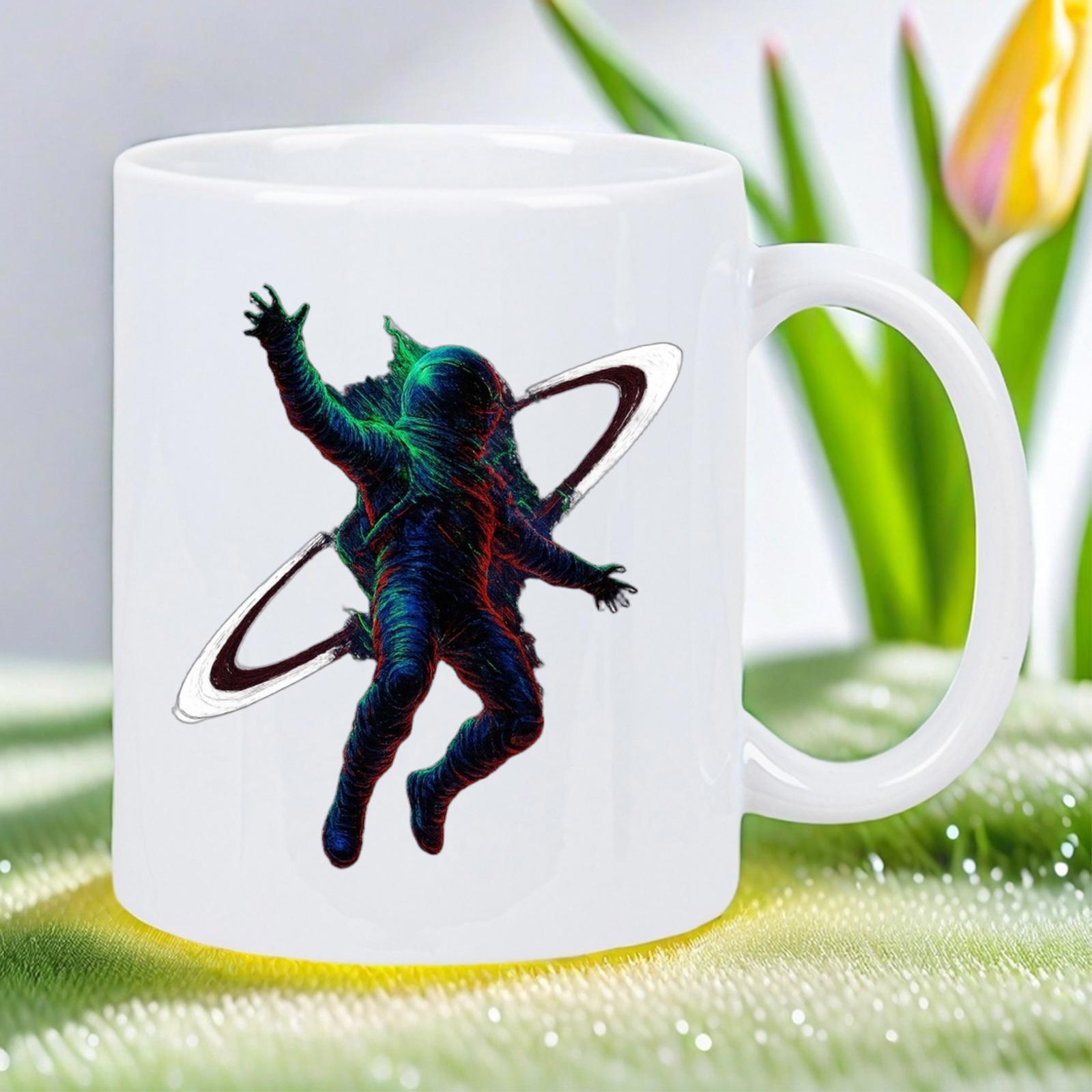 Tailorly White Ceramic 11 oz Mug - Floating Through Deep Space Surrounded By Shining Galactic Planetary Rings Astronaut