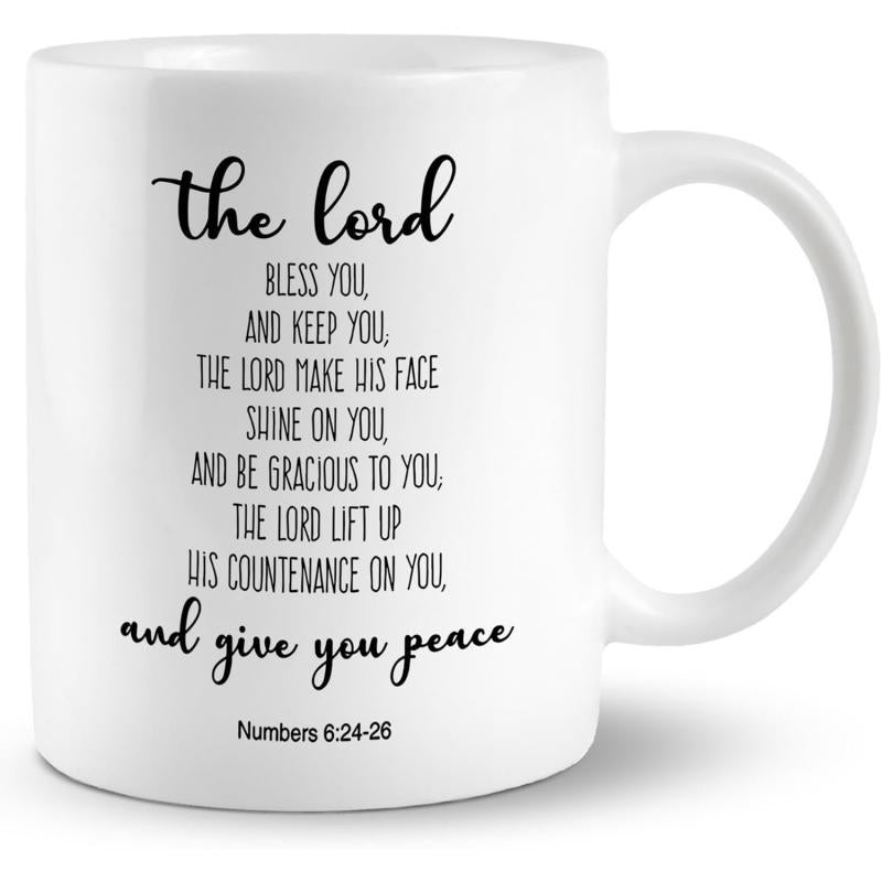 Tailorly White Ceramic 11 oz Mug - The Lord Bless You And Keep You And Give You Peace Numbers Elegant Script Typography Featuring Minimalist Religious Holy Bible