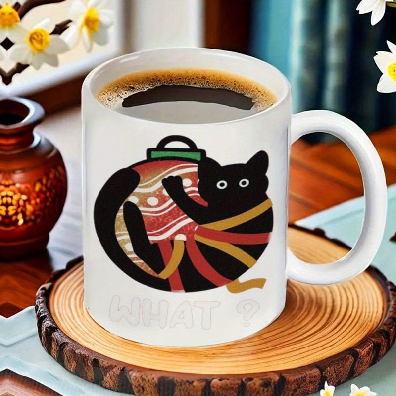 Tailorly White Ceramic 11 oz Mug - What Playful Black Cat Hugging A Decorative Striped Christmas Ball Festive Cat