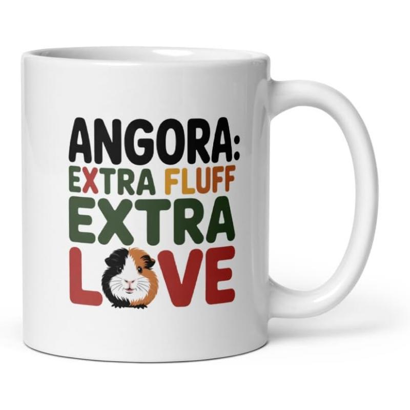 Tailorly White Ceramic 11 oz Mug - Angora Extra Fluff Extra Love Cute Tricolor Illustration Integrated Into Bold Colorful Typography Guinea Pig
