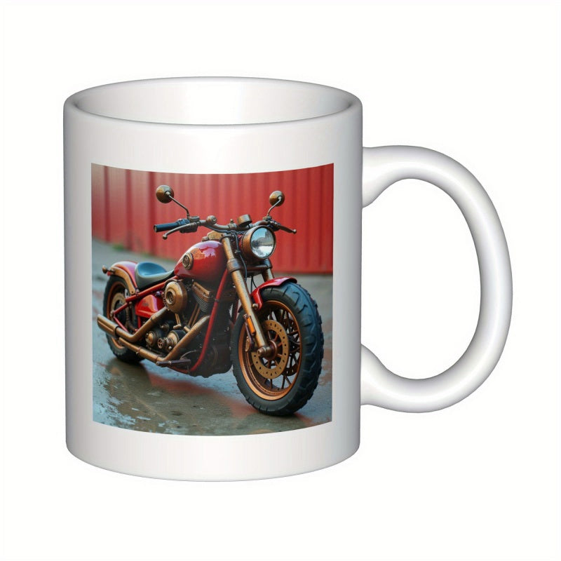 Tailorly White Ceramic 11 oz Mug - Classic Red Custom Cruiser Parked Against A Textured Red Metal Background Motorcycle