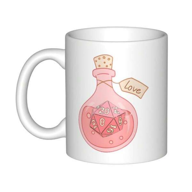 Tailorly White Ceramic 11 oz Mug - Love Magic Pink Liquid Inside Glass Bottle With A Tag And Dice Potion