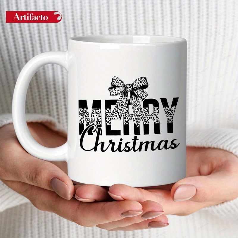 Tailorly White Ceramic 11 oz Mug - Merry Christmas Leopard Patterned Ribbon Over Bold Textured Letters And Fluid Cursive Sign