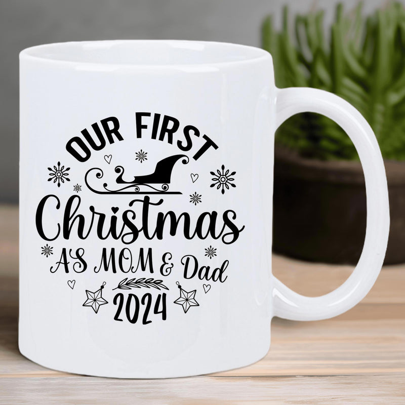 Tailorly White Ceramic 11 oz Mug - Our First Christmas As Mom Dad 2024 Classic Winter Holiday Sleigh Silhouette Among Decorative Snowflakes And Festive Stars