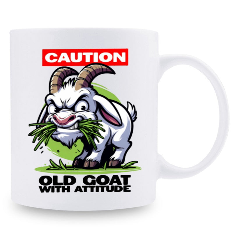 Tailorly White Ceramic 11 oz Mug - Caution Old Goat With Attitude Angry Grumpy Animal Chewing Grass With Horns And Fierce Expression Goat