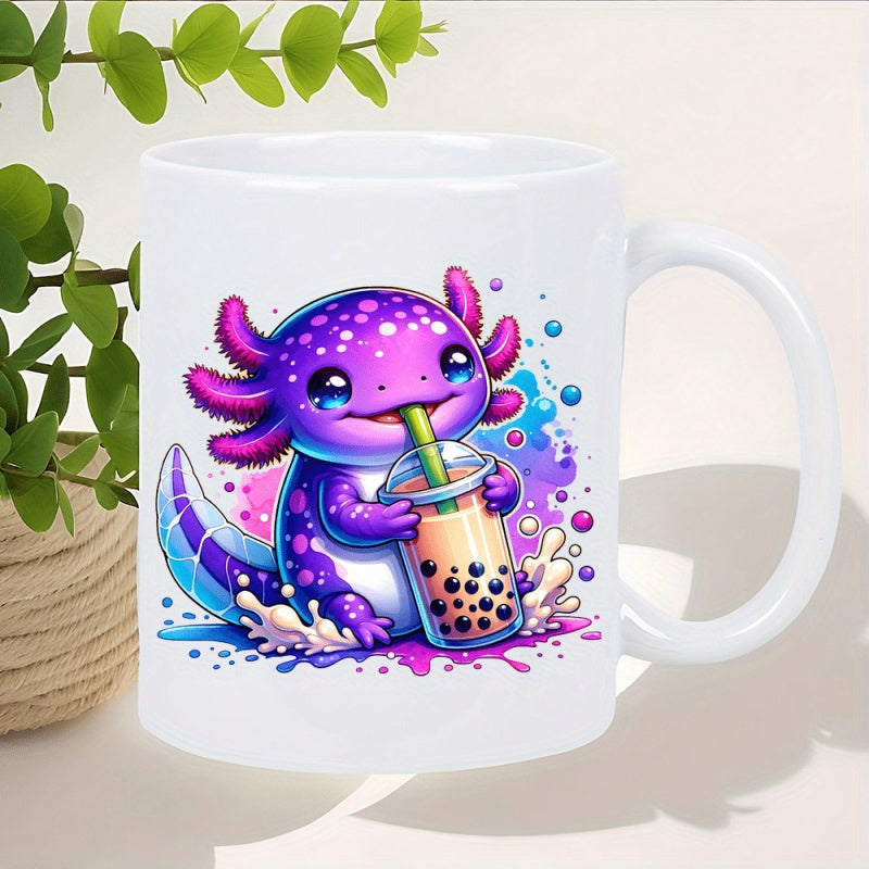 Tailorly White Ceramic 11 oz Mug - Cute Purple Cartoon Axolotl Drinking Sweet Boba Tea Among Vibrant Splashes Axolotl