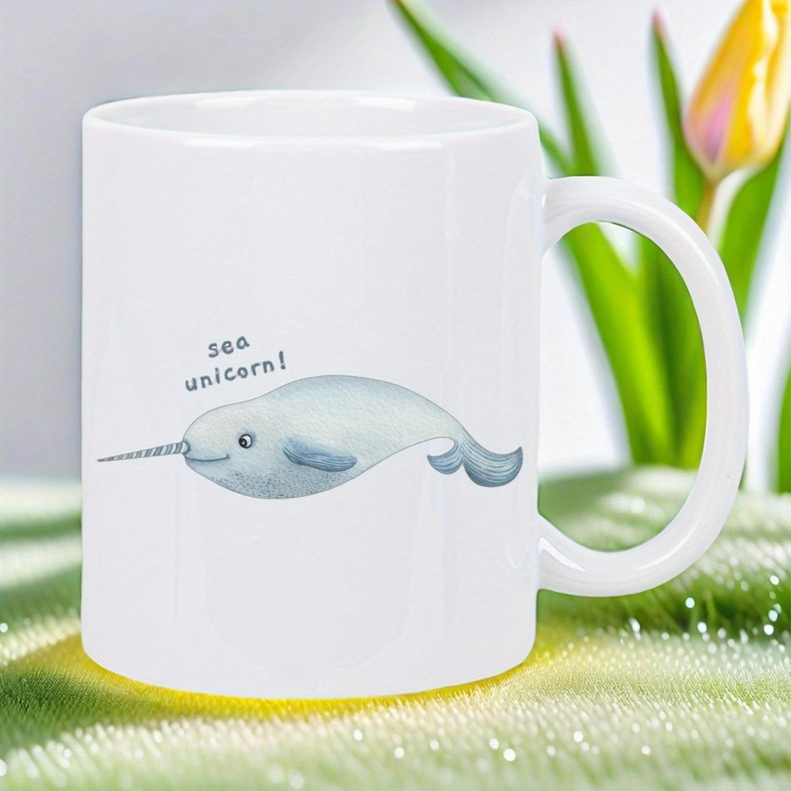 Tailorly White Ceramic 11 oz Mug - Sea Unicorn Charming Hand Painted Aquatic Animal Swimming Through A Minimalist White Background Narwhal