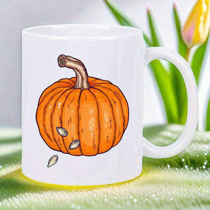 Tailorly White Ceramic 11 oz Mug - Vibrant Orange Autumn Harvest Vegetable With Scattered Small Seeds Pumpkin