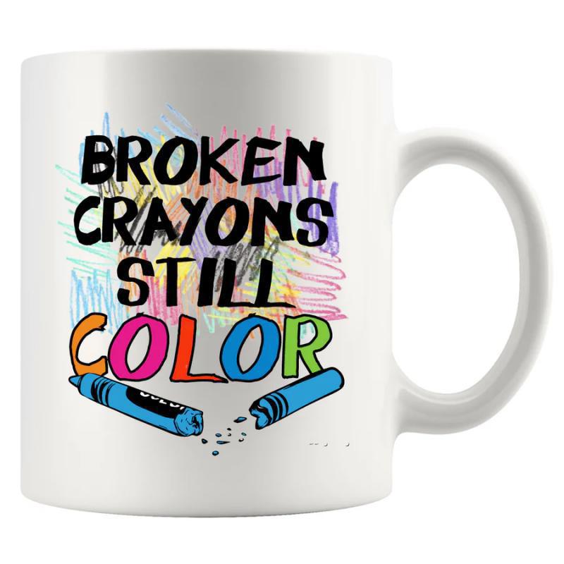 Tailorly White Ceramic 11 oz Mug - Broken Crayons Still Color Colorful Scribbles Behind A Snapped Blue Wax Crayon