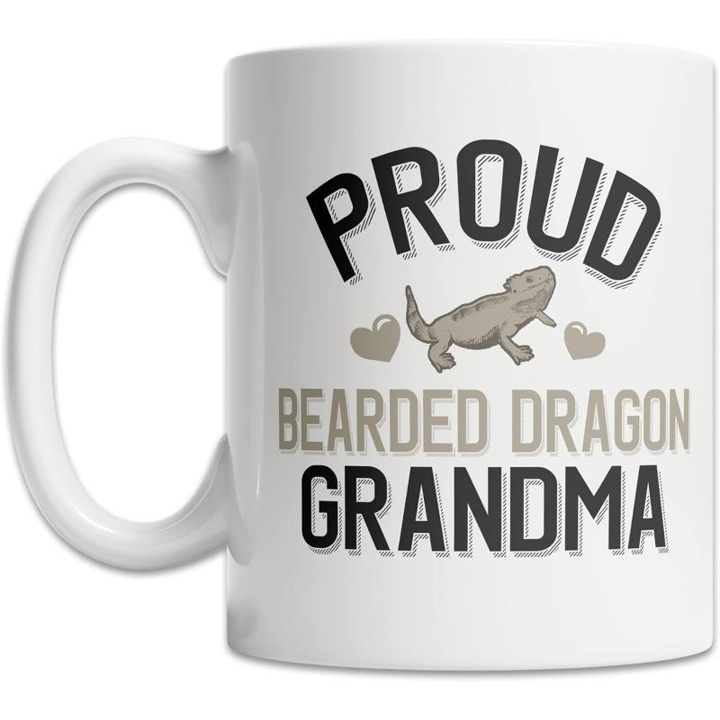Tailorly White Ceramic 11 oz Mug - Proud Bearded Dragon Grandma Minimalist Hand Drawn Reptile Surrounded By Cute Grey Hearts Lizard