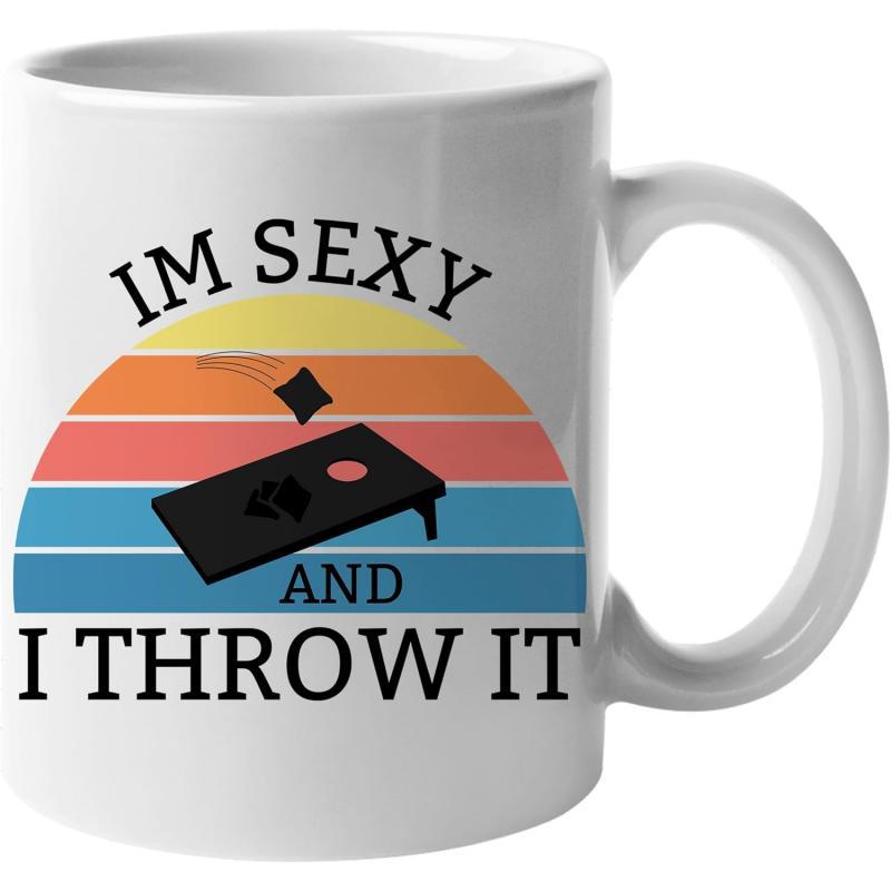 Tailorly White Ceramic 11 oz Mug - Im Sexy And I Throw It Vintage Sunset Stripes Featuring Cornhole Board With Tossed Bean Bag Mug