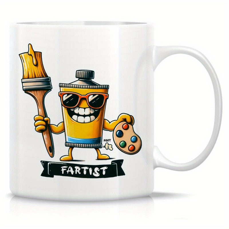 Tailorly White Ceramic 11 oz Mug - Fartist Funny Cartoon Paint Tube Wearing Sunglasses Holding Brush And Art Palette Character