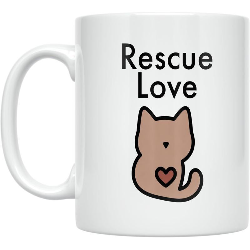 Tailorly White Ceramic 11 oz Mug - Rescue Love Minimalist Brown Feline Silhouette Decorated With Small Chest Heart Cat