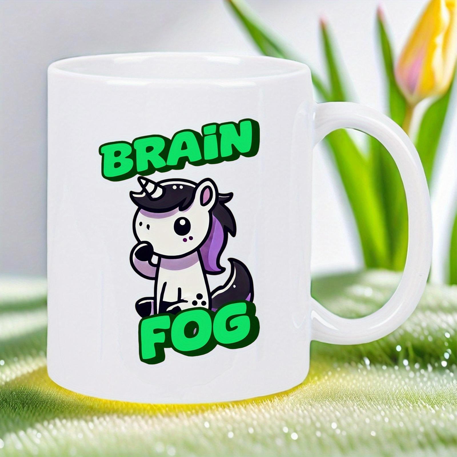 Tailorly White Ceramic 11 oz Mug - Brain Fog Cute Chibi Style Mythical Creature Among Vibrant Green Text Unicorn