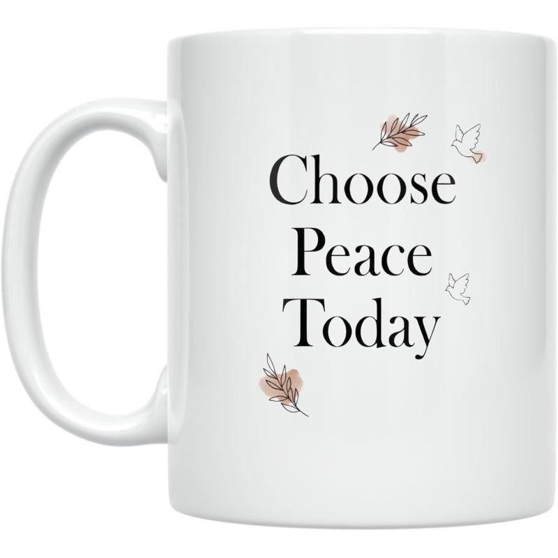 Tailorly White Ceramic 11 oz Mug - Choose Peace Today Autumn Leaves And Small Doves Flying In A Serene White Space Mug