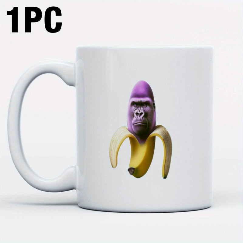 Tailorly White Ceramic 11 oz Mug - Unique Surreal Purple Primate Head Emerging From A Yellow Peeled Ripe Banana