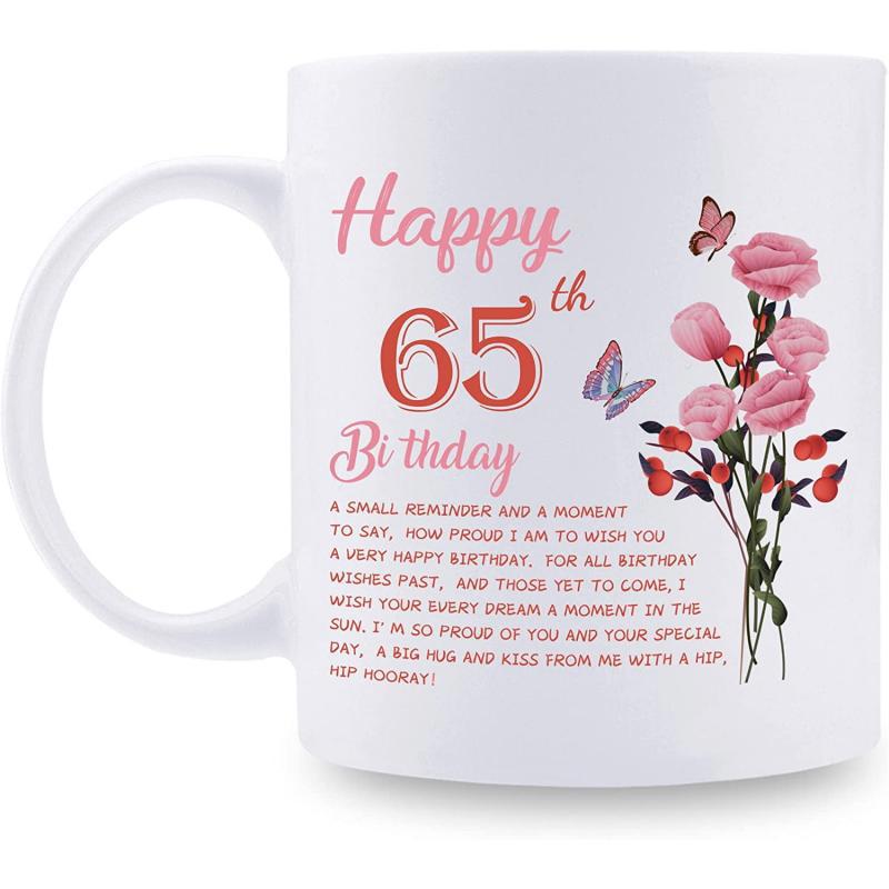 Tailorly White Ceramic 11 oz Mug - Happy 65th Birthday Blooming Pink Roses With Fluttering Butterflies In Gentle Garden Rose
