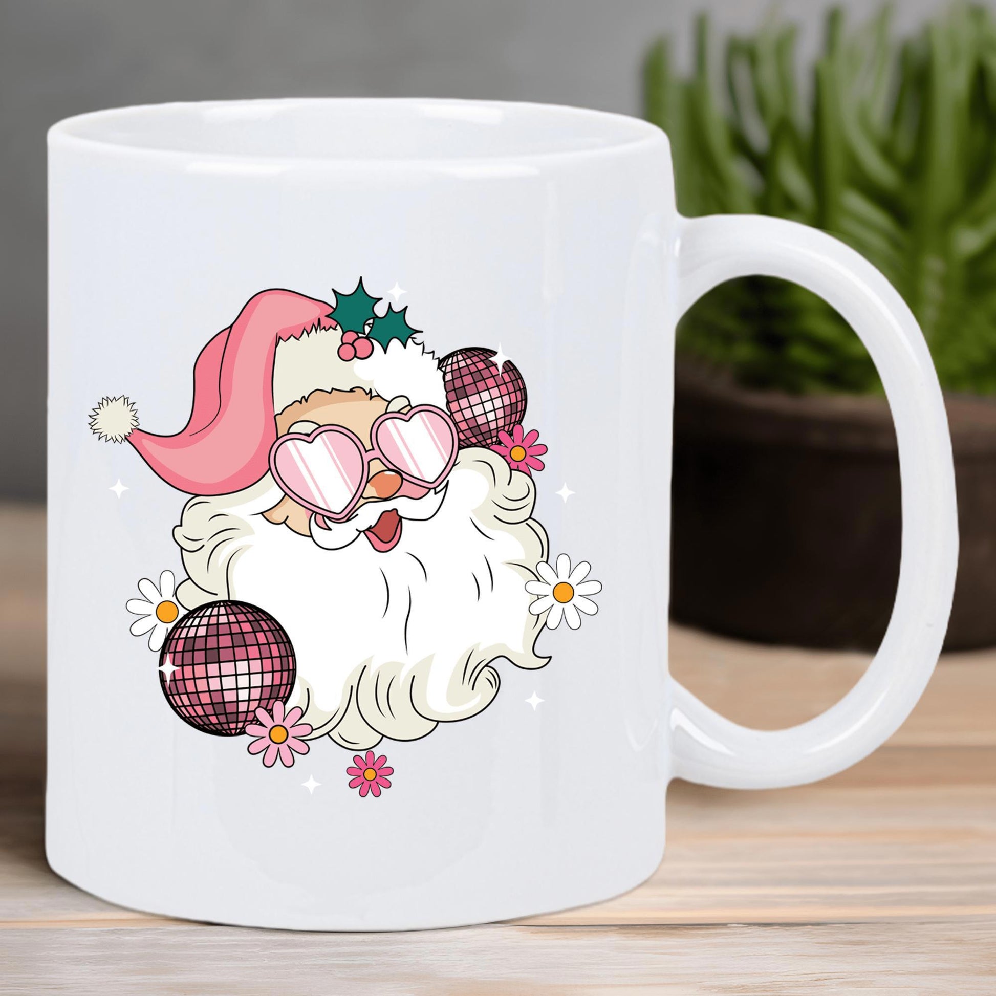 Tailorly White Ceramic 11 oz Mug - Retro Stylized Father Christmas Wearing Pink Heart Sunglasses With Sparkling Disco Balls Santa