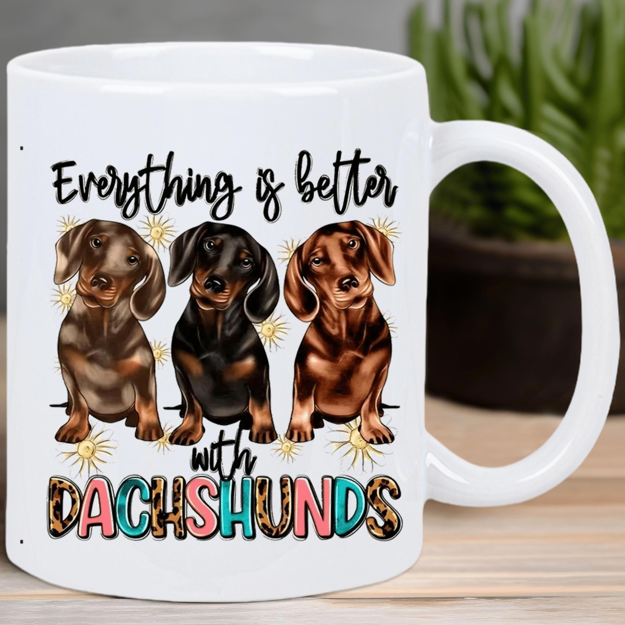 Tailorly White Ceramic 11 oz Mug - Everything Is Better With Dachshunds Three Adorable Sitting Pups Among Shining Golden Stars Dachshund