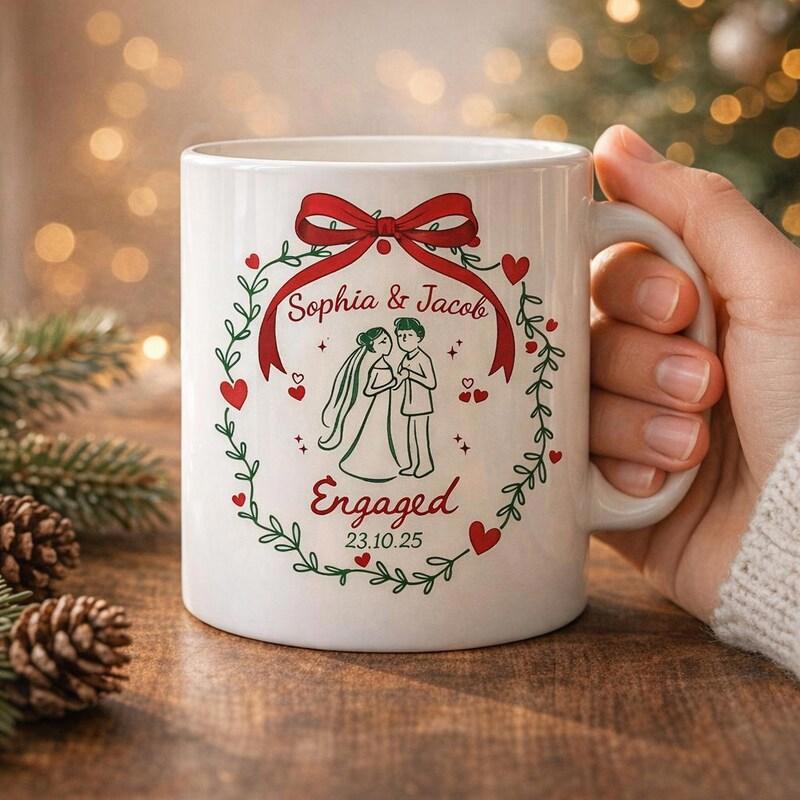 Tailorly White Ceramic 11 oz Mug - Sophia Jacob Engaged Festive Hand Drawn Green Wreath Decorated With Red Ribbon And Hearts Wreath