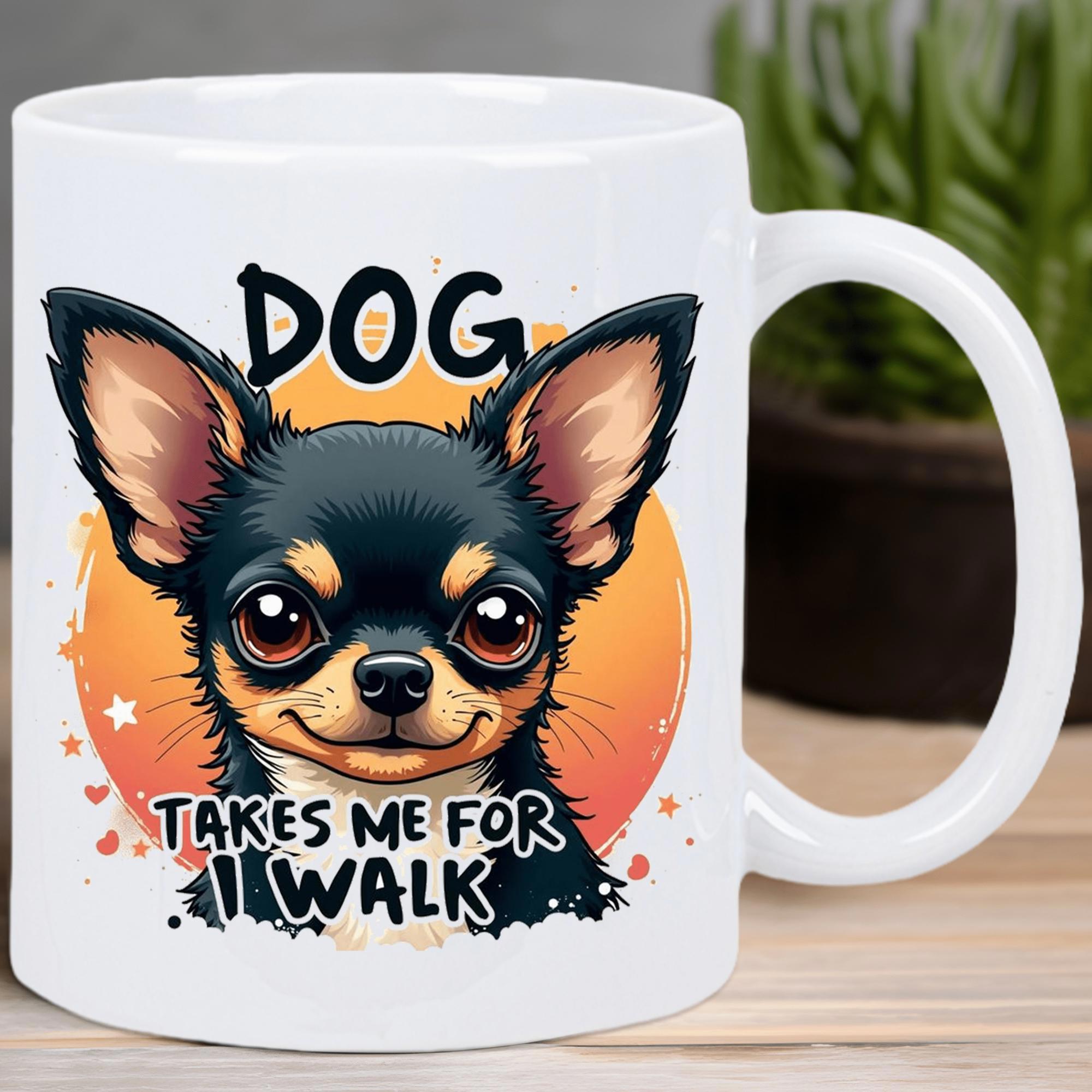 Tailorly White Ceramic 11 oz Mug - Dog Takes Me For I Walk Cute Cartoon Chihuahua With Big Eyes Among Sunset Orange Circular Background Dog