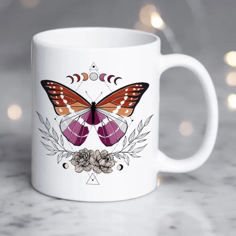 Tailorly White Ceramic 11 oz Mug - Celestial Moon Phases With Delicate Rose Flowers Behind A Vibrant Butterfly