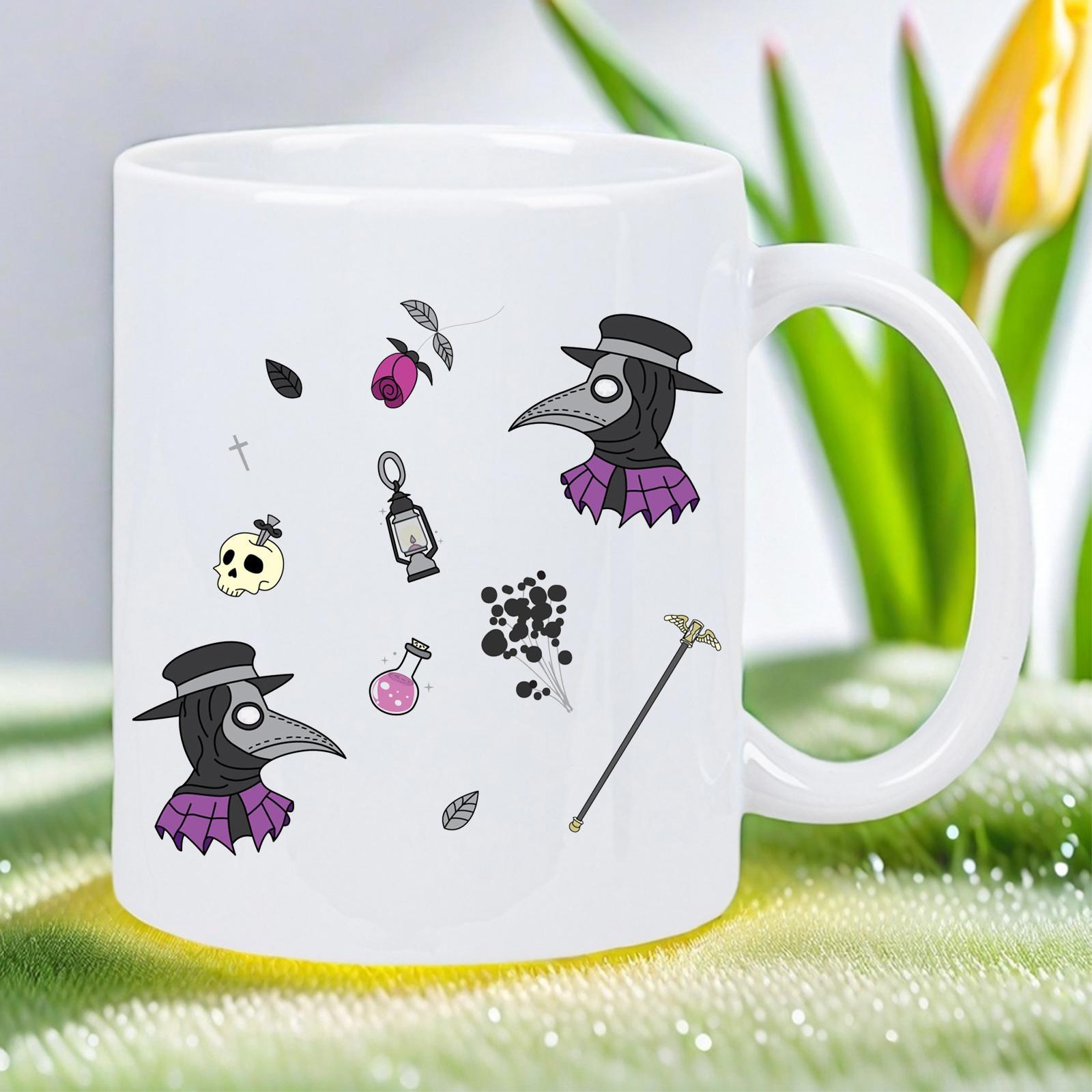 Tailorly White Ceramic 11 oz Mug - Dark Mysterious Gothic Aesthetic Graphic Featuring Potions Skulls And Lanterns Plague Doctor