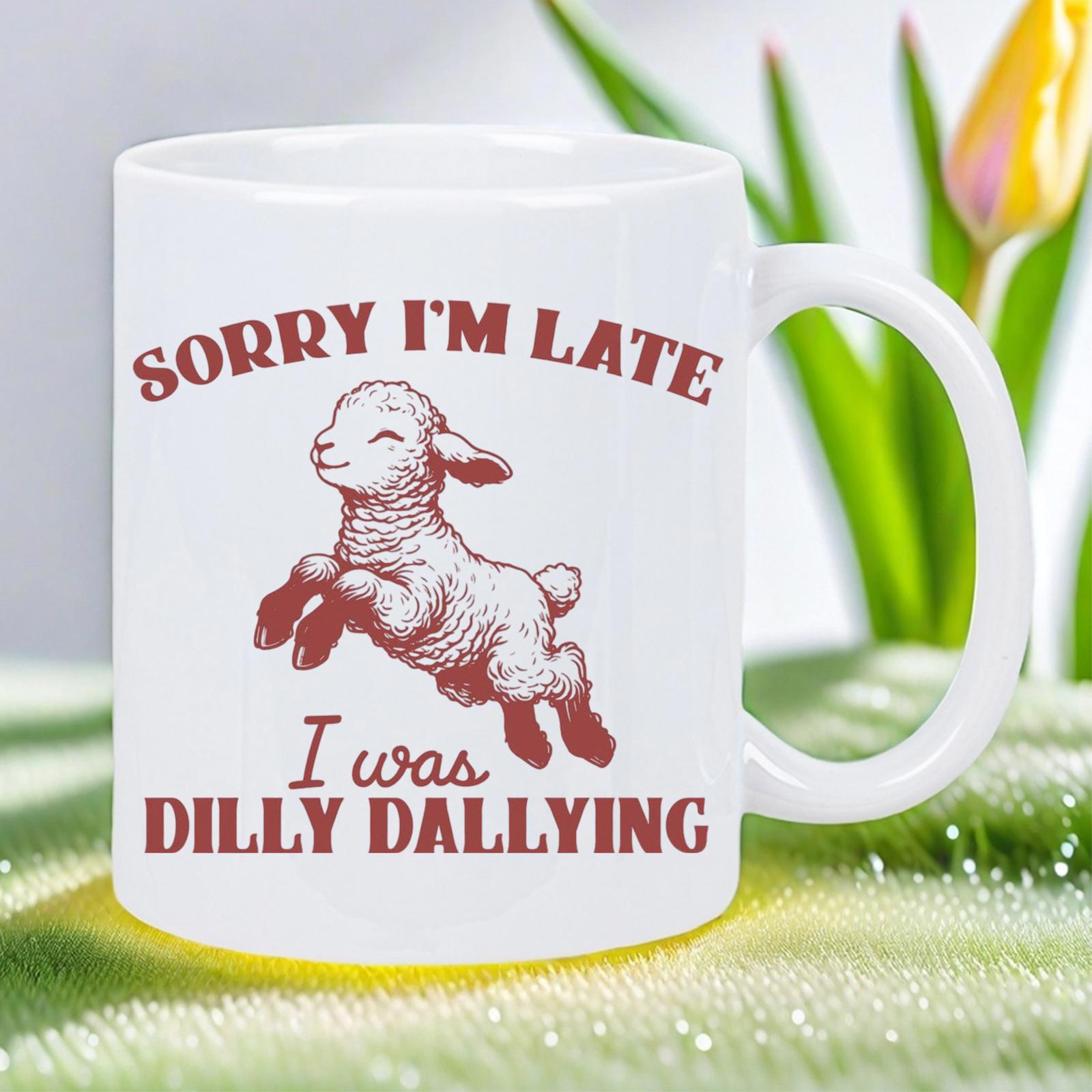 Tailorly White Ceramic 11 oz Mug - Sorry Im Late I Was Dilly Dallying Small Happy Young Lamb Leaping Energetically Across A Clear White Background Lamb