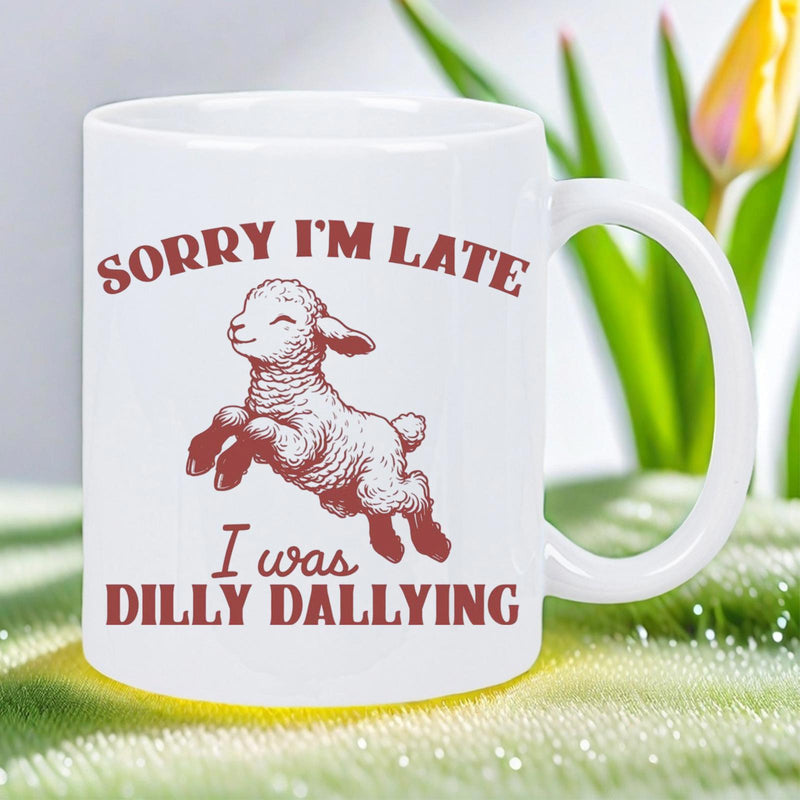 Tailorly White Ceramic 11 oz Mug - Sorry Im Late I Was Dilly Dallying Small Happy Young Lamb Leaping Energetically Across A Clear White Background Lamb