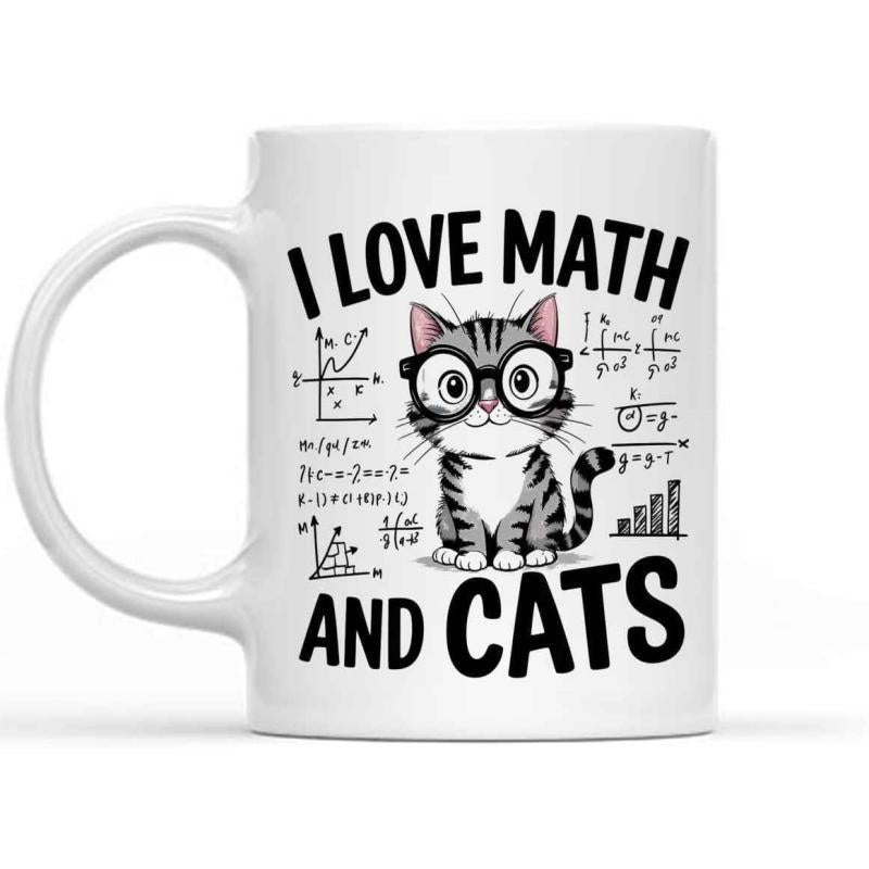 Tailorly White Ceramic 11 oz Mug - I Love Math And Cats Adorable Tabby Wearing Glasses Surrounded By Mathematical Formulas And Graphs Cat