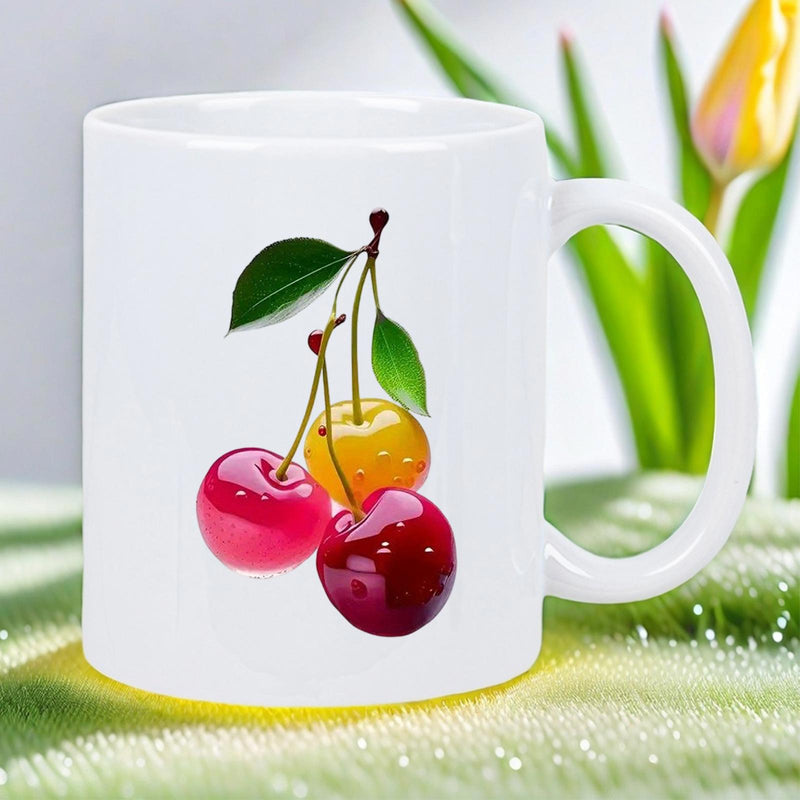 Tailorly White Ceramic 11 oz Mug - Sweet Red And Yellow Fresh Fruits With Green Leaves And Stems Cherry