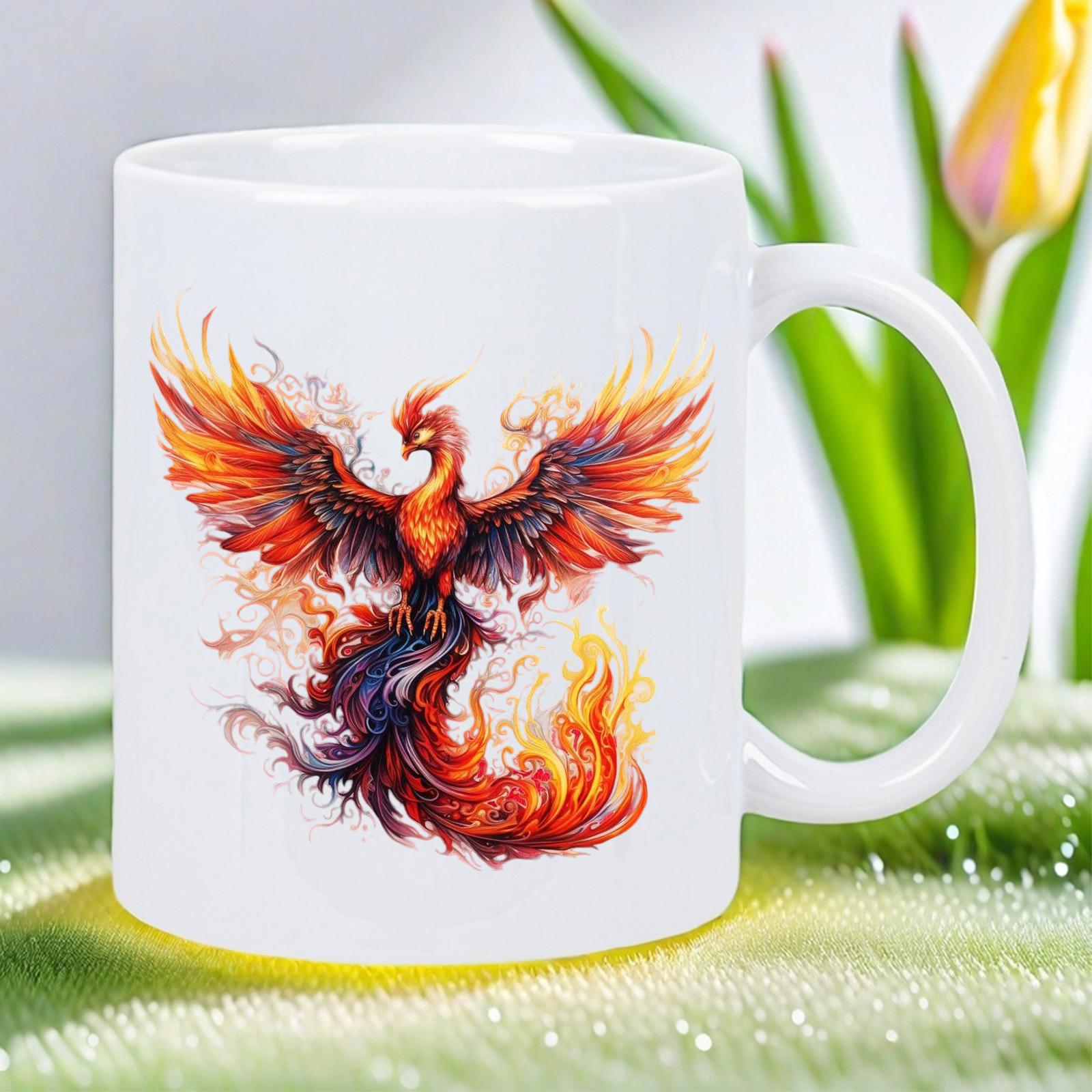 Tailorly White Ceramic 11 oz Mug - Vibrant Fiery Mythical Bird Spreading Its Majestic Wings In Brilliant Flames Phoenix
