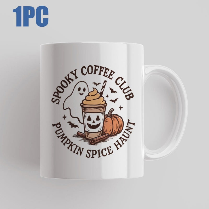 Tailorly White Ceramic 11 oz Mug - Spooky Coffee Club Pumpkin Spice Haunt Whimsical Ghost And Pumpkin Standing Beside A Festive Seasonal Autumn Spiced Mug