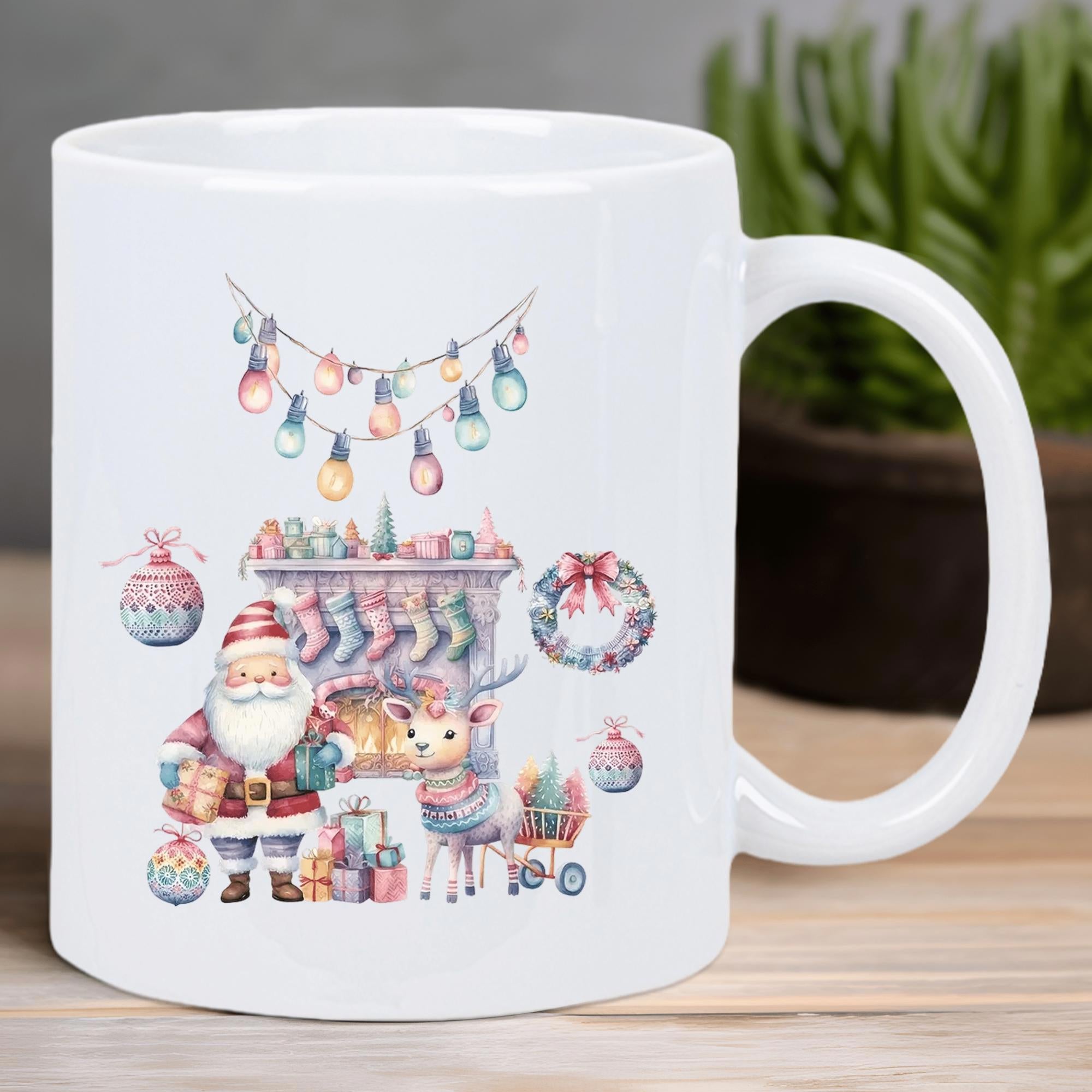Tailorly White Ceramic 11 oz Mug - Festive Watercolor Style With Reindeer And Gifts Beside Cozy Fireplace Santa Claus