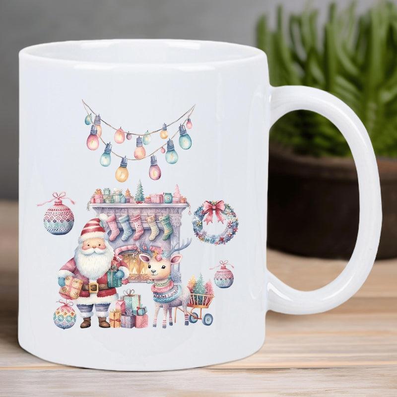 Tailorly White Ceramic 11 oz Mug - Festive Watercolor Style With Reindeer And Gifts Beside Cozy Fireplace Santa Claus