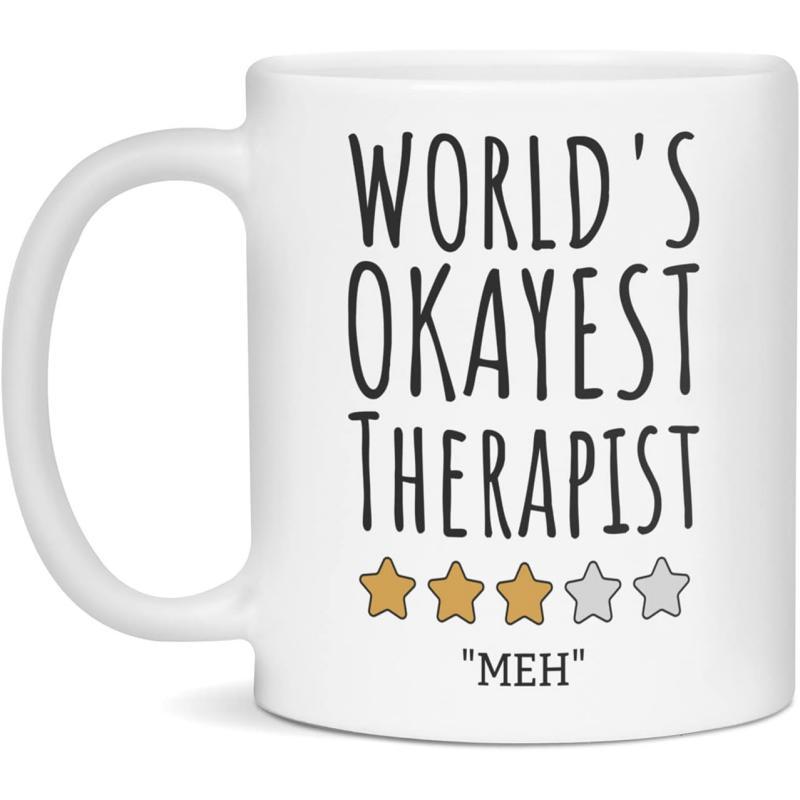 Tailorly White Ceramic 11 oz Mug - Worlds Okayest Therapist Meh Five Small Stars Rated With Three Gold And Two Silver Mug