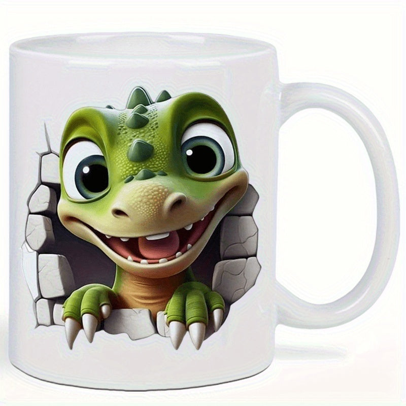 Tailorly White Ceramic 11 oz Mug - Cute Green Baby Reptile Peeking Through A Broken White Stone Wall Dinosaur